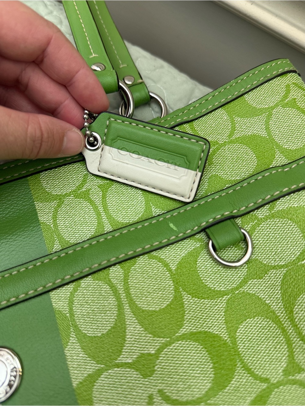 Coach Green Logo Stripe Tote with White Accent - Picture 4 of 11